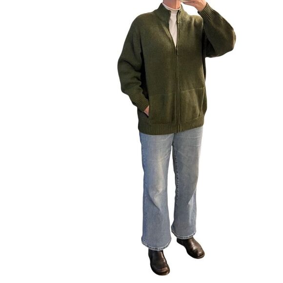 LL Bean Green Khaki Wool Chunky Oversized Full Zip Sweater Cardigan Grunge XXL - Picture 1 of 4